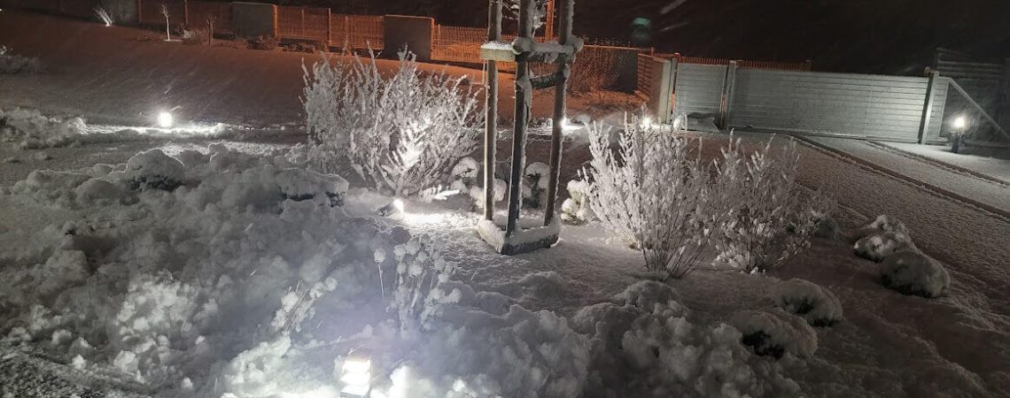 Lampy ogrodowe oświetlające zimowy ogród.